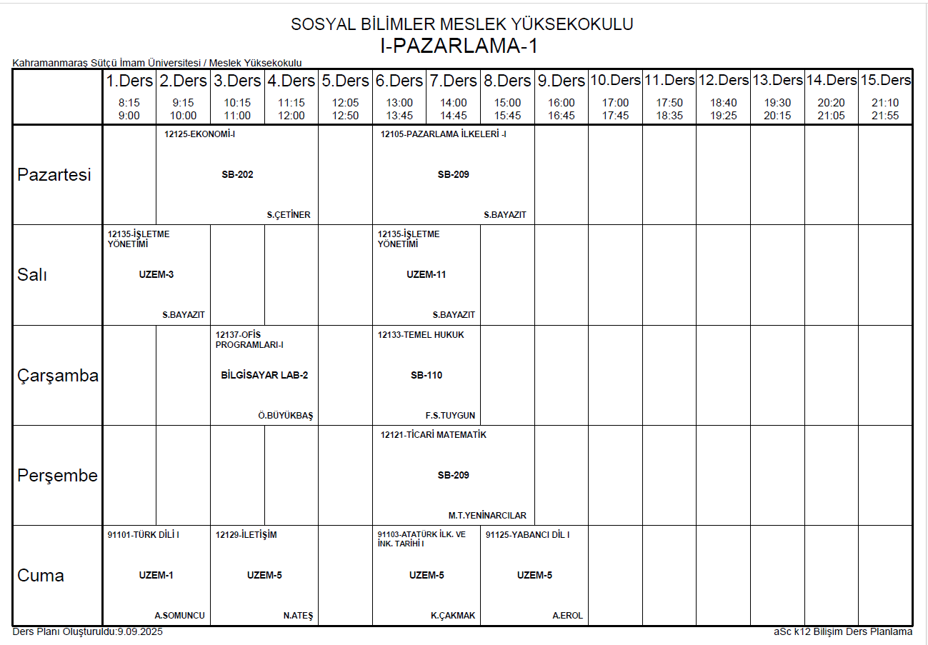 2025-2026 GÜZ DÖNEMİ PAZARLAMA-I DERS PROGRAMI