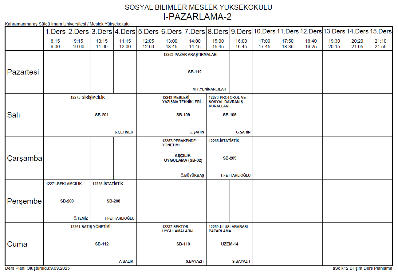 2025-2026 GÜZ DÖNEMİ PAZARLAMA-II DERS PROGRAMI